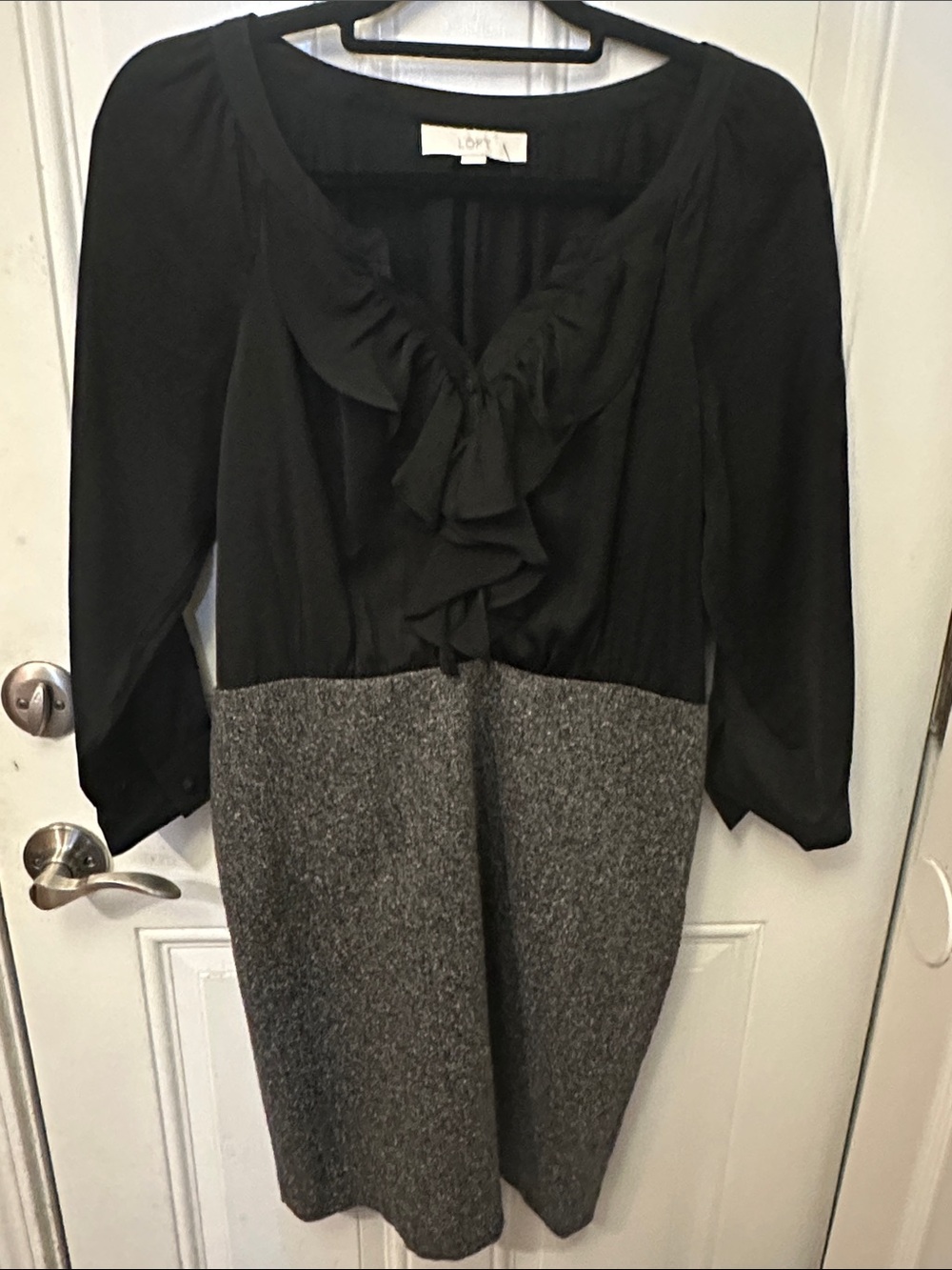 LOFT Black and Gray Two-Tone Ruffle Dress Business Casual Corporate Goth Dress 6
